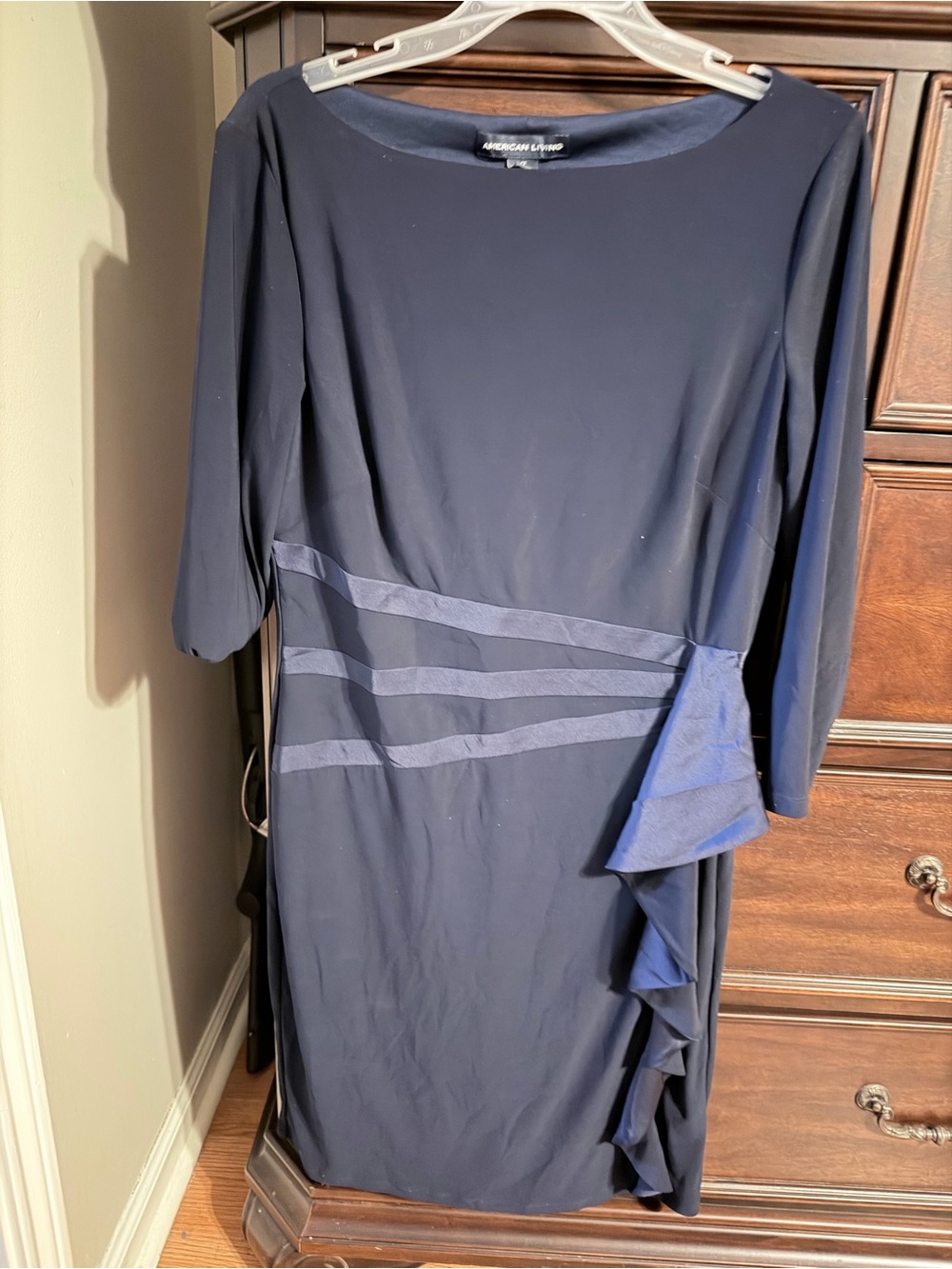 American Living Navy Blue Midi Dress with Side Ruffle